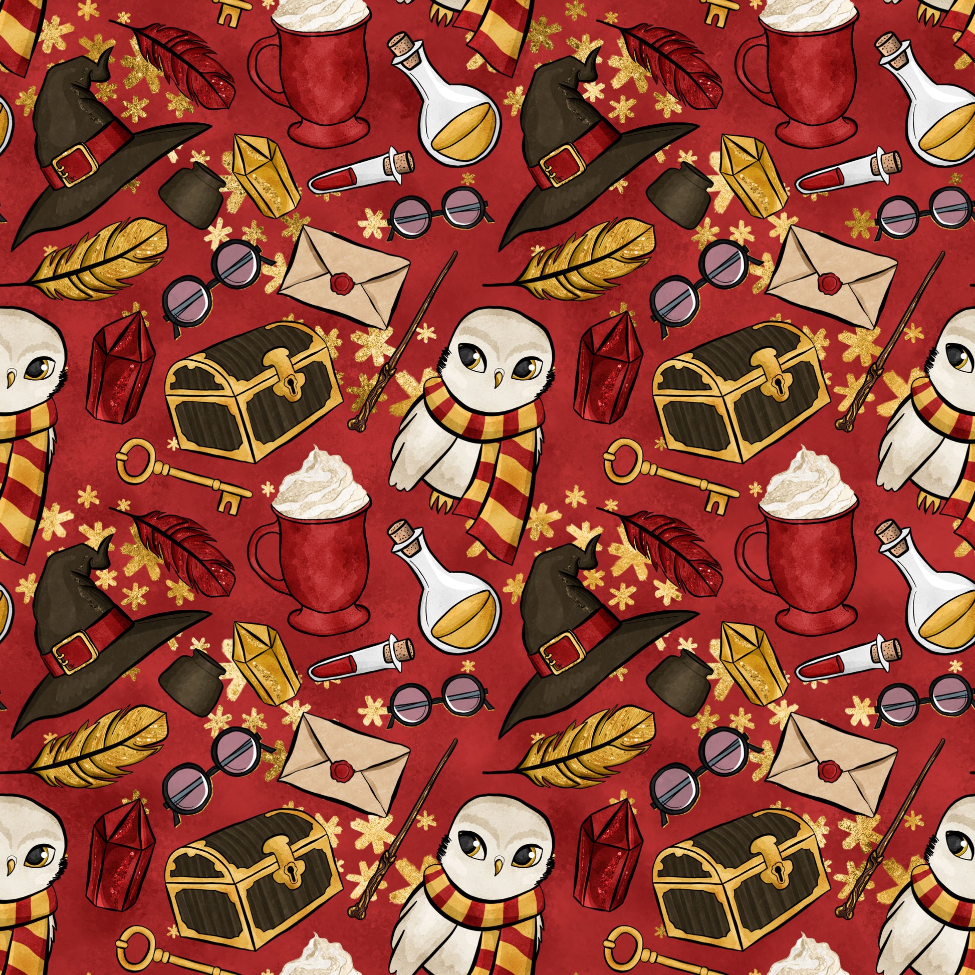 burgundy red, golden yellow, wizard hat, white owl, striped scarf, potion bottles, treasure chest, quill feathers, round glasses, magic wands, lantern, envelope, skeleton key, quilting cotton, repeating pattern, whimsical illustration, magical theme, school supplies, fantasy elements, seamless design