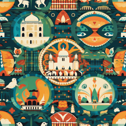 orange, teal, cream, geometric circles, mosaic pattern, architectural buildings, decorative masks, ornamental designs, folk art style, quilting cotton, fabric panel, intricate details, cultural motifs, vintage inspired, artistic illustration, bohemian aesthetic, handcrafted look, textile art, decorative elements