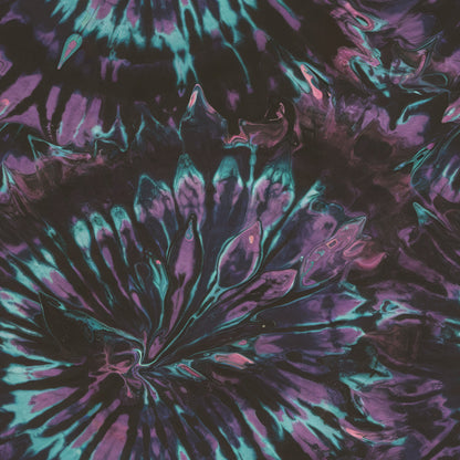 turquoise, purple, magenta, black, tie dye, swirled pattern, psychedelic, retro, groovy, fluid design, marbled effect, abstract, vibrant colors, quilting cotton, fabric panel, bohemian, 1960s style, flowing shapes, artistic swirls, cotton fabric