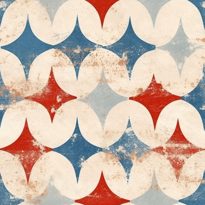 cream, ivory, red, blue, gray, distressed texture, weathered, vintage circles, overlapping circles, geometric pattern, four-pointed stars, diamond shapes, patriotic colors, americana, aged appearance, worn look, quilting cotton, fabric panel, repeating pattern, retro style