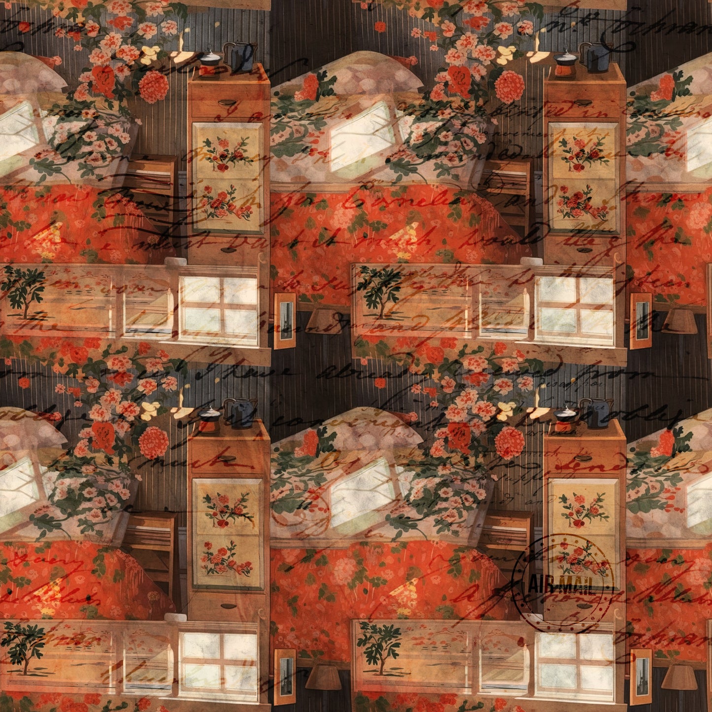 cottagecore, scrapbook, quilting cotton, fabric panel, autumn colors, orange, rust, coral, floral motifs, vintage bedroom, cozy interior, wooden furniture, window scenes, botanical elements, warm tones, rustic charm, cottage aesthetic, layered collage, nostalgic mood, craft room