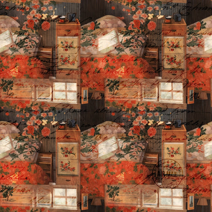 cottagecore, scrapbook, quilting cotton, fabric panel, autumn colors, orange, rust, coral, floral motifs, vintage bedroom, cozy interior, wooden furniture, window scenes, botanical elements, warm tones, rustic charm, cottage aesthetic, layered collage, nostalgic mood, craft room