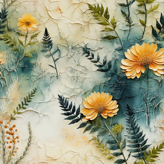 orange flowers, golden blooms, teal background, sage green, cream colors, botanical pattern, floral design, textured surface, watercolor style, ferns, leaves, foliage, nature motif, quilting cotton, fabric panel, autumn theme, tropical plants, layered petals, organic shapes, artistic rendering