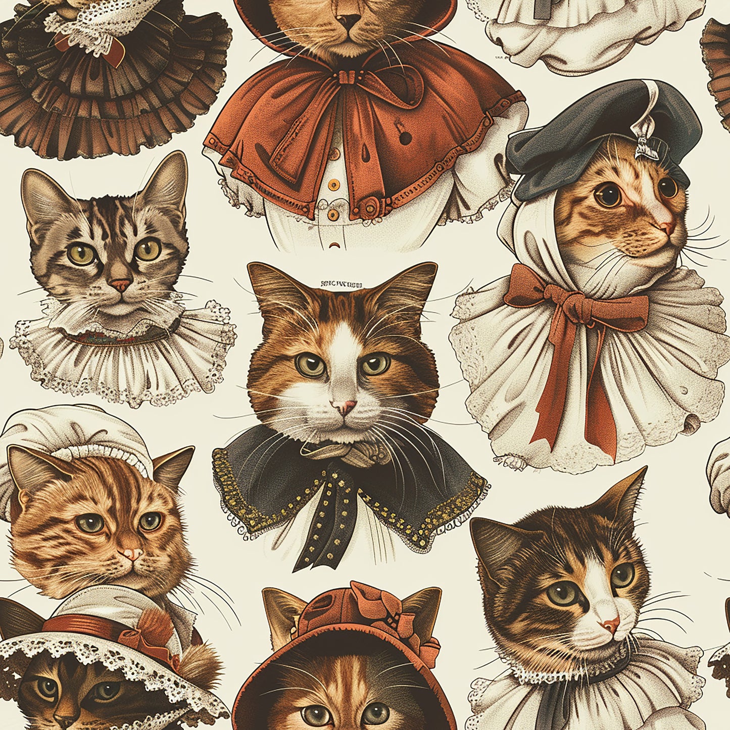 victorian cats, quilting cotton, fabric panel, vintage felines, period costumes, ornate clothing, lace collars, ruffled bonnets, tabby cats, orange cats, brown cats, cream background, detailed illustrations, whimsical animals, decorative bows, elaborate hats, anthropomorphic cats, nostalgic artwork, intricate patterns, muted earth tones