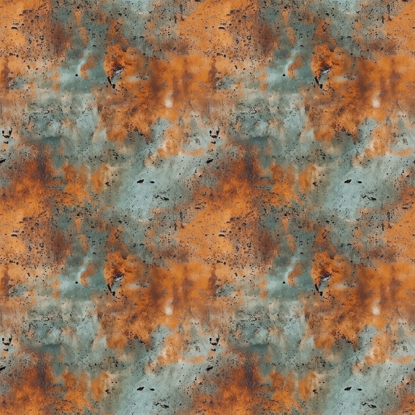 rust orange, teal green, weathered metal, oxidized surface, corrosion pattern, industrial texture, distressed finish, metal patina, grunge aesthetic, abstract design, quilting cotton, fabric panel, aged metal, copper tones, verdigris, textural pattern, seamless repeat, oxidation effect, metallic appearance
