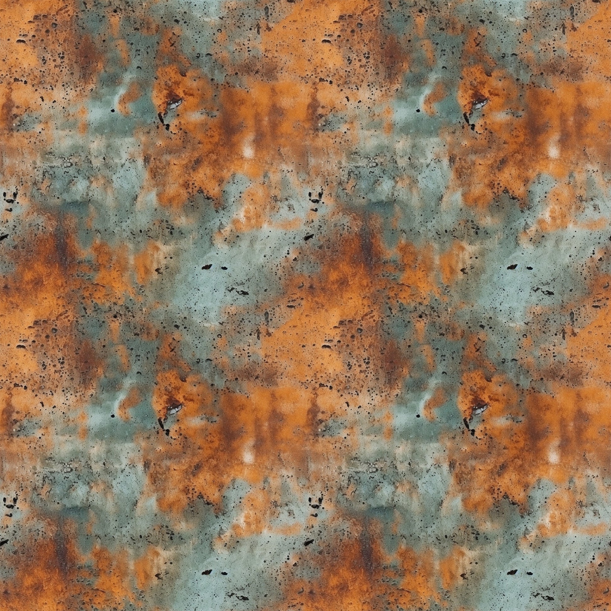 rust orange, teal green, weathered metal, oxidized surface, corrosion pattern, industrial texture, distressed finish, metal patina, grunge aesthetic, abstract design, quilting cotton, fabric panel, aged metal, copper tones, verdigris, textural pattern, seamless repeat, oxidation effect, metallic appearance
