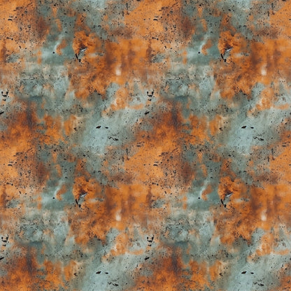 rust orange, teal green, weathered metal, oxidized surface, corrosion pattern, industrial texture, distressed finish, metal patina, grunge aesthetic, abstract design, quilting cotton, fabric panel, aged metal, copper tones, verdigris, textural pattern, seamless repeat, oxidation effect, metallic appearance
