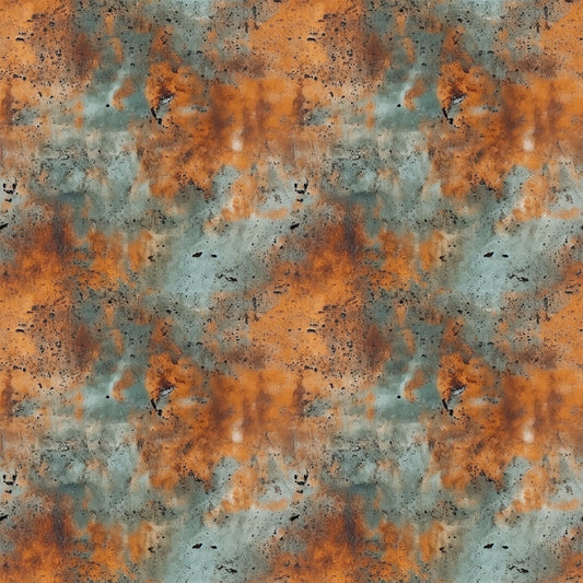 rust orange, teal green, weathered metal, oxidized surface, corrosion pattern, industrial texture, distressed finish, metal patina, grunge aesthetic, abstract design, quilting cotton, fabric panel, aged metal, copper tones, verdigris, textural pattern, seamless repeat, oxidation effect, metallic appearance