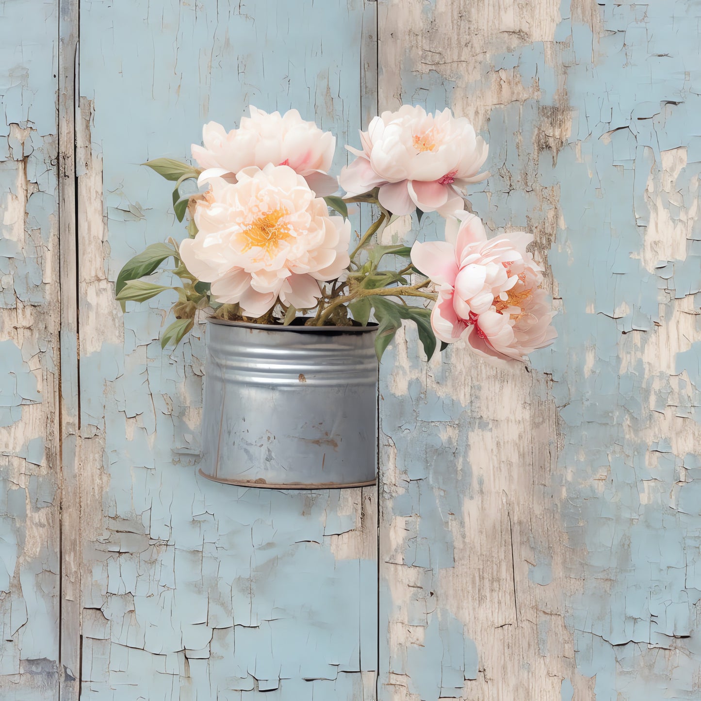 pale pink, soft peach, sage green, powder blue, weathered white, rustic wood, peonies, floral bouquet, vintage tin can, shabby chic, distressed paint, cottage style, romantic florals, quilting cotton, fabric panel, spring flowers, farmhouse aesthetic, pastel colors, botanical design, delicate petals