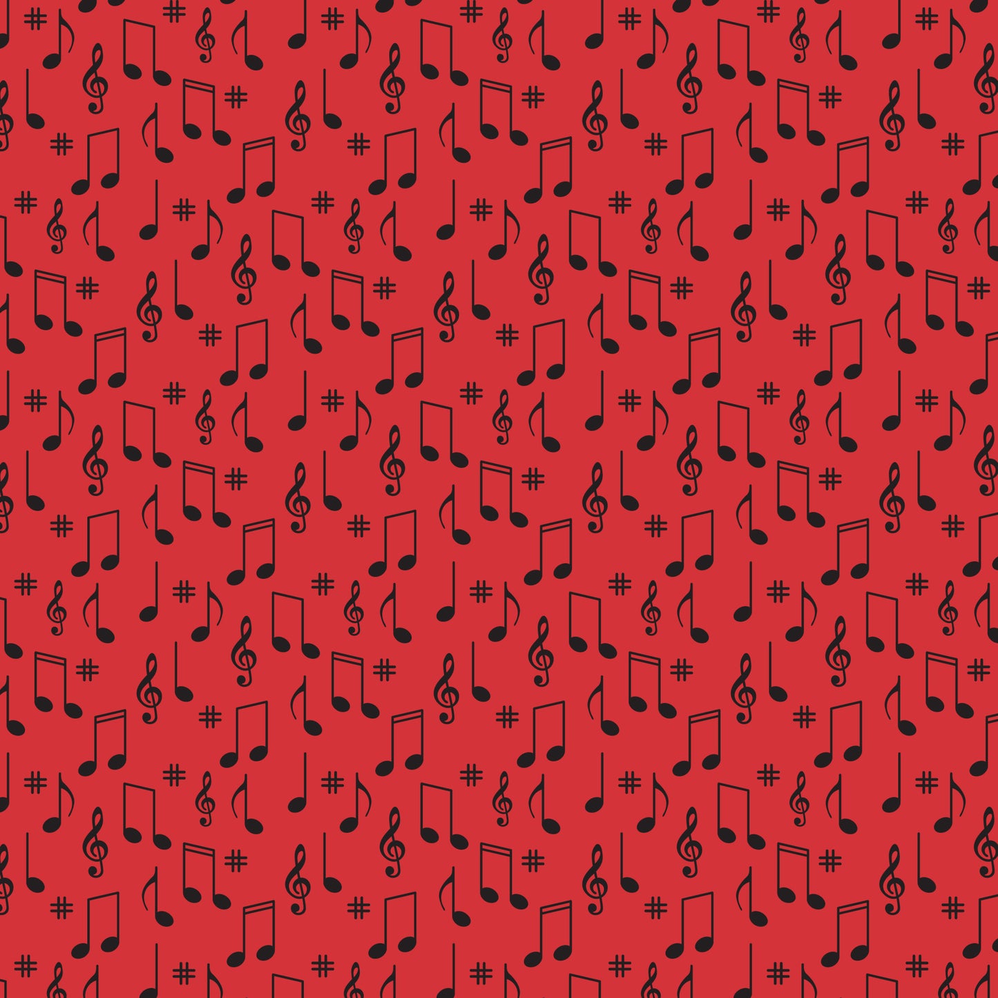 red background, black musical notes, treble clef, sharp symbols, music notes, scattered pattern, quilting cotton, fabric panel, retro style, 1950s inspired, diner theme, musical symbols, repeating motif, vibrant red, contrasting colors, nostalgic design, mid-century modern, music themed, geometric arrangement