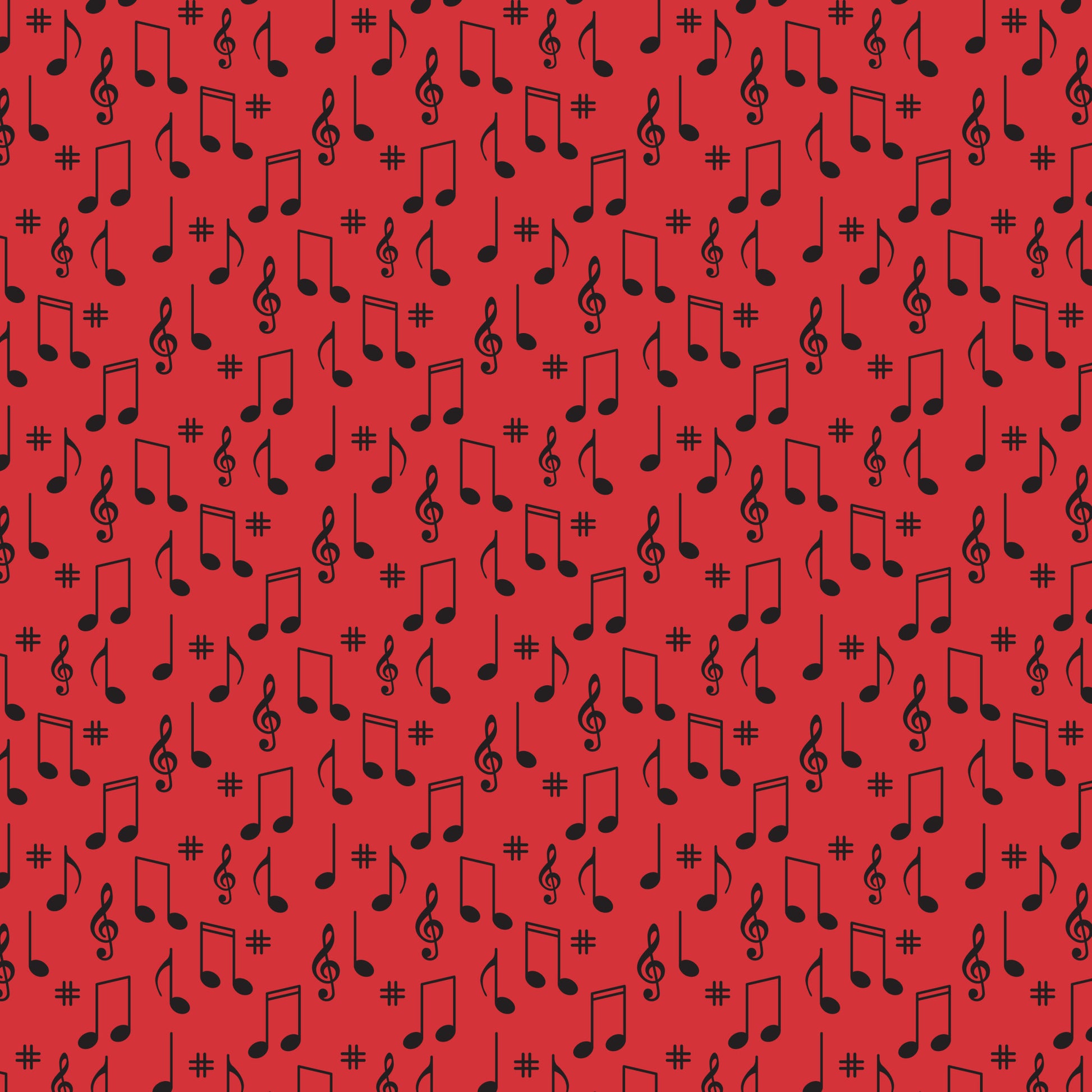 red background, black musical notes, treble clef, sharp symbols, music notes, scattered pattern, quilting cotton, fabric panel, retro style, 1950s inspired, diner theme, musical symbols, repeating motif, vibrant red, contrasting colors, nostalgic design, mid-century modern, music themed, geometric arrangement