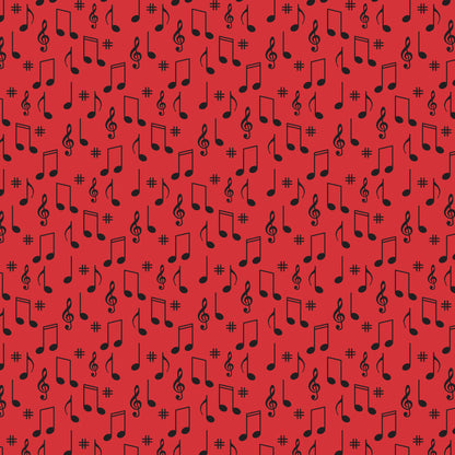 red background, black musical notes, treble clef, sharp symbols, music notes, scattered pattern, quilting cotton, fabric panel, retro style, 1950s inspired, diner theme, musical symbols, repeating motif, vibrant red, contrasting colors, nostalgic design, mid-century modern, music themed, geometric arrangement