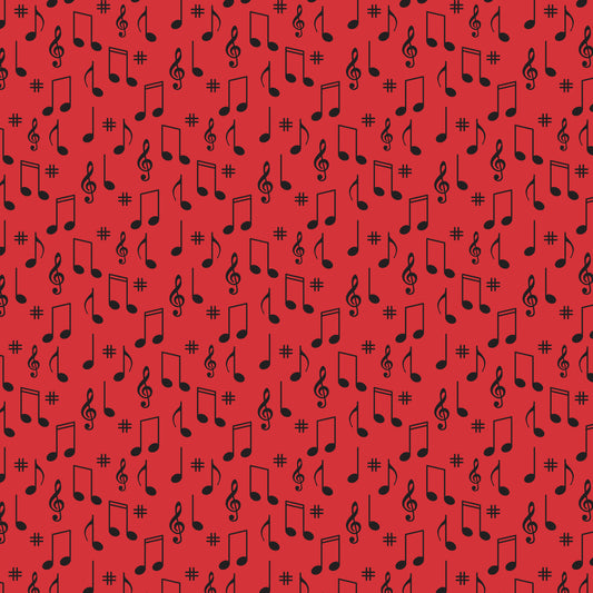 red background, black musical notes, treble clef, sharp symbols, music notes, scattered pattern, quilting cotton, fabric panel, retro style, 1950s inspired, diner theme, musical symbols, repeating motif, vibrant red, contrasting colors, nostalgic design, mid-century modern, music themed, geometric arrangement