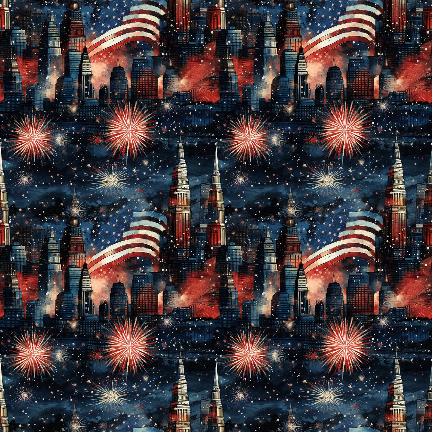 navy blue, red, white, fireworks, city skyline, american flag, stars, patriotic, grunge, quilting cotton, fabric panel, fourth of july, independence day, nighttime scene, urban buildings, celebration, repeating pattern, starry sky, red white blue, holiday themed