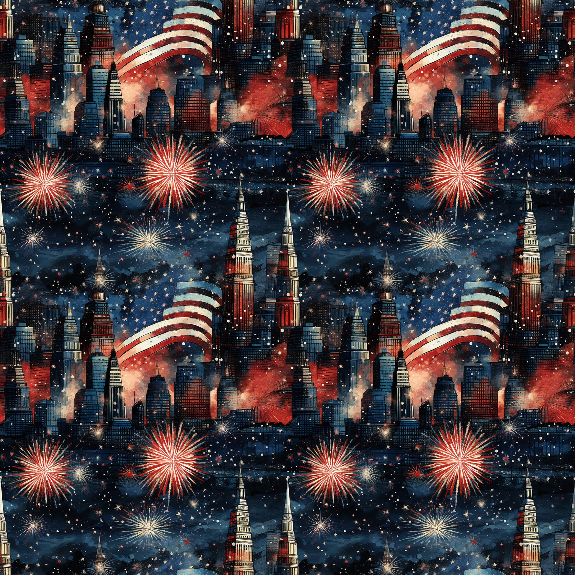 navy blue, red, white, fireworks, city skyline, american flag, stars, patriotic, grunge, quilting cotton, fabric panel, fourth of july, independence day, nighttime scene, urban buildings, celebration, repeating pattern, starry sky, red white blue, holiday themed