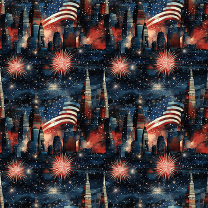 navy blue, red, white, fireworks, city skyline, american flag, stars, patriotic, grunge, quilting cotton, fabric panel, fourth of july, independence day, nighttime scene, urban buildings, celebration, repeating pattern, starry sky, red white blue, holiday themed