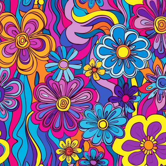rainbow colors, hippie flowers, psychedelic pattern, groovy design, flower power, vibrant pink, bright blue, sunny yellow, orange petals, purple blooms, swirling motifs, retro style, 1960s inspired, bohemian art, quilting cotton, fabric panel, floral motifs, colorful daisies, peace and love, flower children