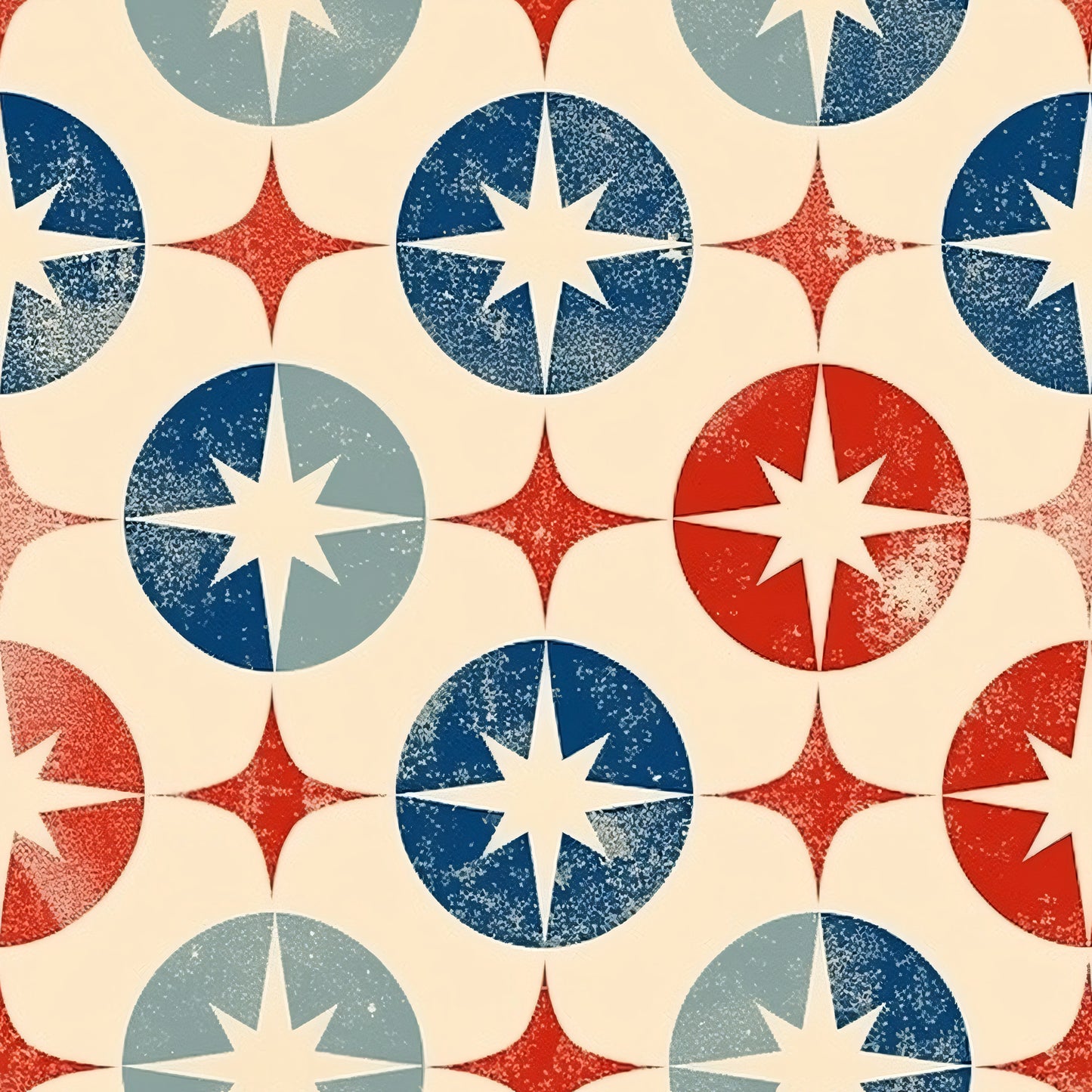 red, white, blue, navy blue, cream, beige, stars, compass rose, geometric pattern, circles, distressed texture, vintage look, patriotic theme, americana, quilting cotton, fabric panel, repeating motif, weathered effect, nautical stars, retro style