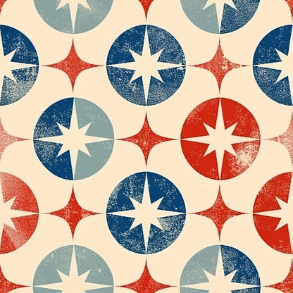 red, white, blue, navy blue, cream, beige, stars, compass rose, geometric pattern, circles, distressed texture, vintage look, patriotic theme, americana, quilting cotton, fabric panel, repeating motif, weathered effect, nautical stars, retro style