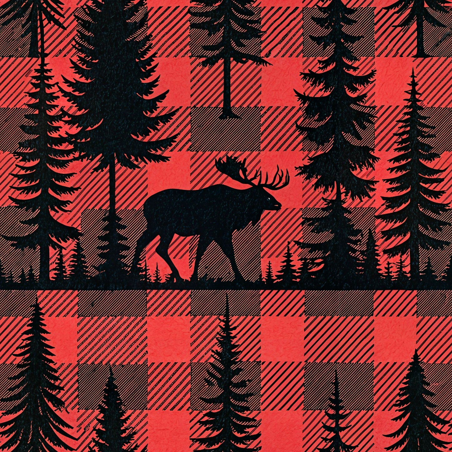 red, black, buffalo plaid, plaid pattern, moose silhouette, pine trees, evergreen trees, forest scene, woodland animals, quilting cotton, fabric panel, rustic style, outdoor theme, wildlife design, nature motif, cabin decor, hunting theme, masculine design, geometric pattern, winter scenery