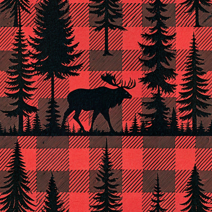 red, black, buffalo plaid, plaid pattern, moose silhouette, pine trees, evergreen trees, forest scene, woodland animals, quilting cotton, fabric panel, rustic style, outdoor theme, wildlife design, nature motif, cabin decor, hunting theme, masculine design, geometric pattern, winter scenery