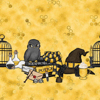 golden yellow, honey yellow, amber, hexagonal patterns, owl, dark gray owl, wizard hat, potion bottles, magical elements, quill feather, birdcage, candlestick, envelope, round glasses, mystical scene, whimsical illustration, magical school, quilting cotton, fabric panel, enchanted theme, wizardry motifs