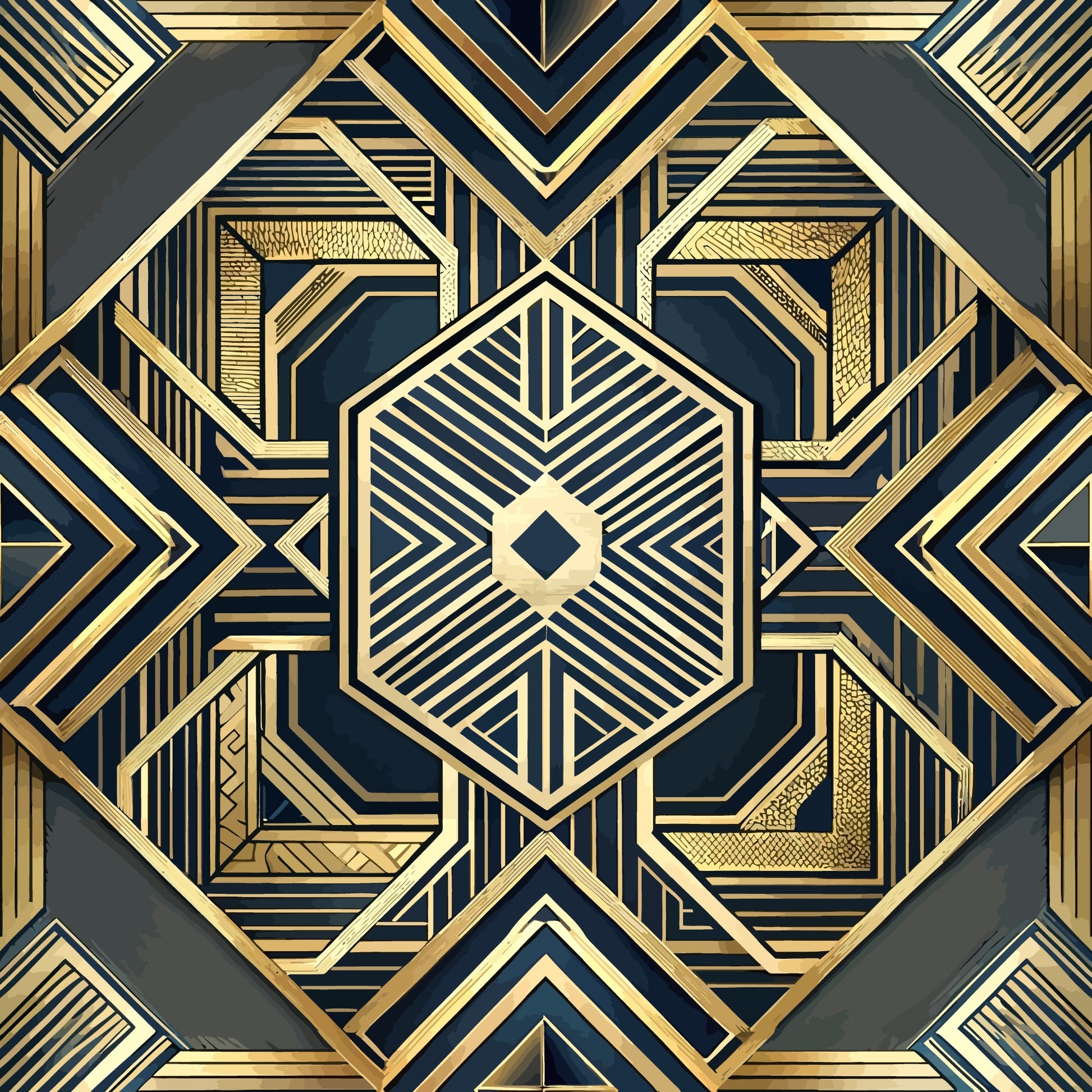 art deco, geometric pattern, gold metallic, navy blue, charcoal gray, hexagonal design, linear details, symmetrical motif, vintage style, quilting cotton, fabric panel, luxurious appearance, ornate borders, angular shapes, decorative elements, sophisticated design, repetitive pattern, dimensional effect