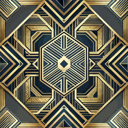 art deco, geometric pattern, gold metallic, navy blue, charcoal gray, hexagonal design, linear details, symmetrical motif, vintage style, quilting cotton, fabric panel, luxurious appearance, ornate borders, angular shapes, decorative elements, sophisticated design, repetitive pattern, dimensional effect