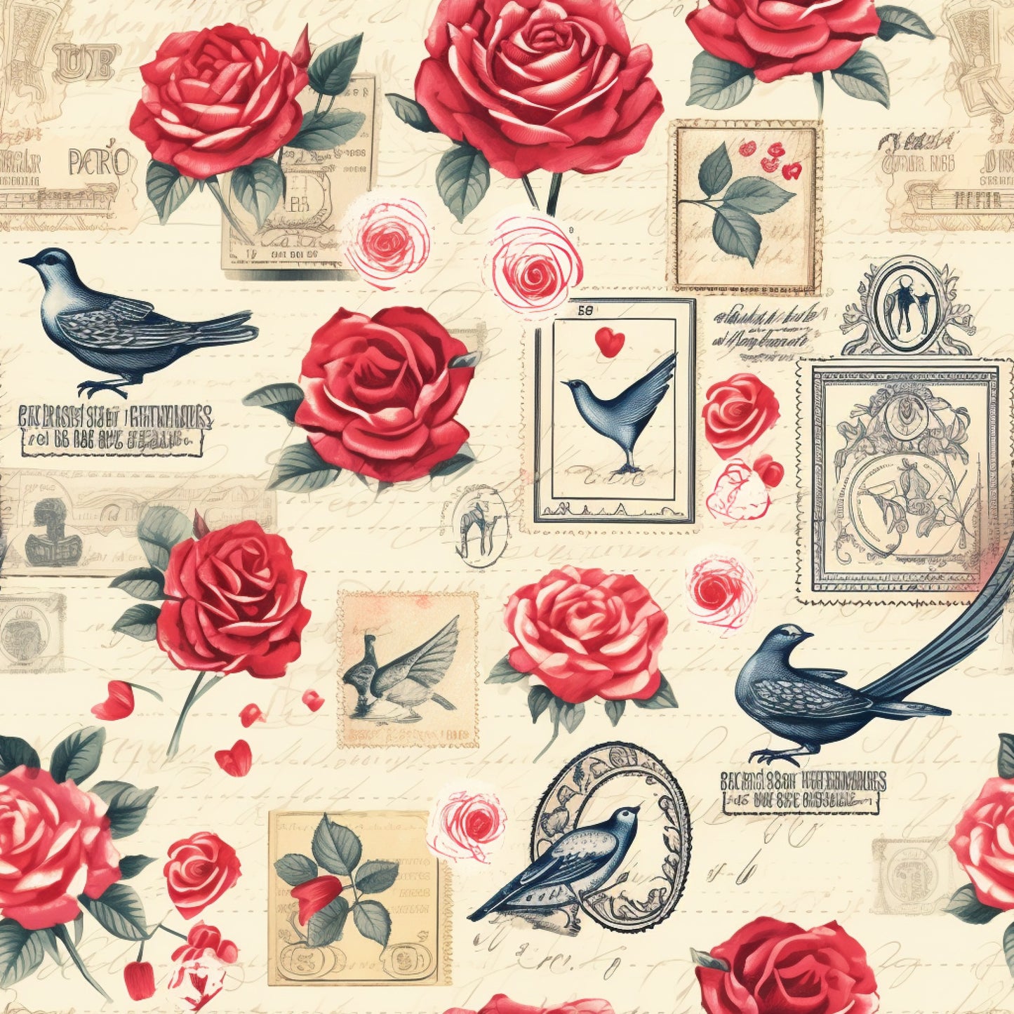 cream background, red roses, pink roses, vintage birds, postage stamps, romantic florals, antique style, love theme, quilting cotton, fabric panel, dusty blue birds, rose petals, postal elements, shabby chic, victorian inspired, floral motifs, vintage ephemera, cottage core, romantic pattern, botanical design