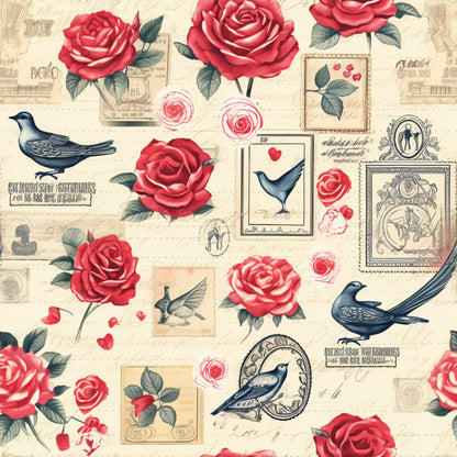 cream background, red roses, pink roses, vintage birds, postage stamps, romantic florals, antique style, love theme, quilting cotton, fabric panel, dusty blue birds, rose petals, postal elements, shabby chic, victorian inspired, floral motifs, vintage ephemera, cottage core, romantic pattern, botanical design