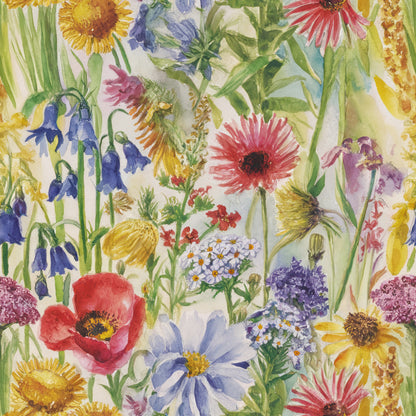 wildflower, botanical, floral pattern, watercolor style, sunflowers, poppies, bluebells, daisies, meadow flowers, quilting cotton, fabric panel, yellow blooms, red flowers, blue blossoms, purple petals, green stems, garden scene, nature motif, spring flowers, artistic rendering