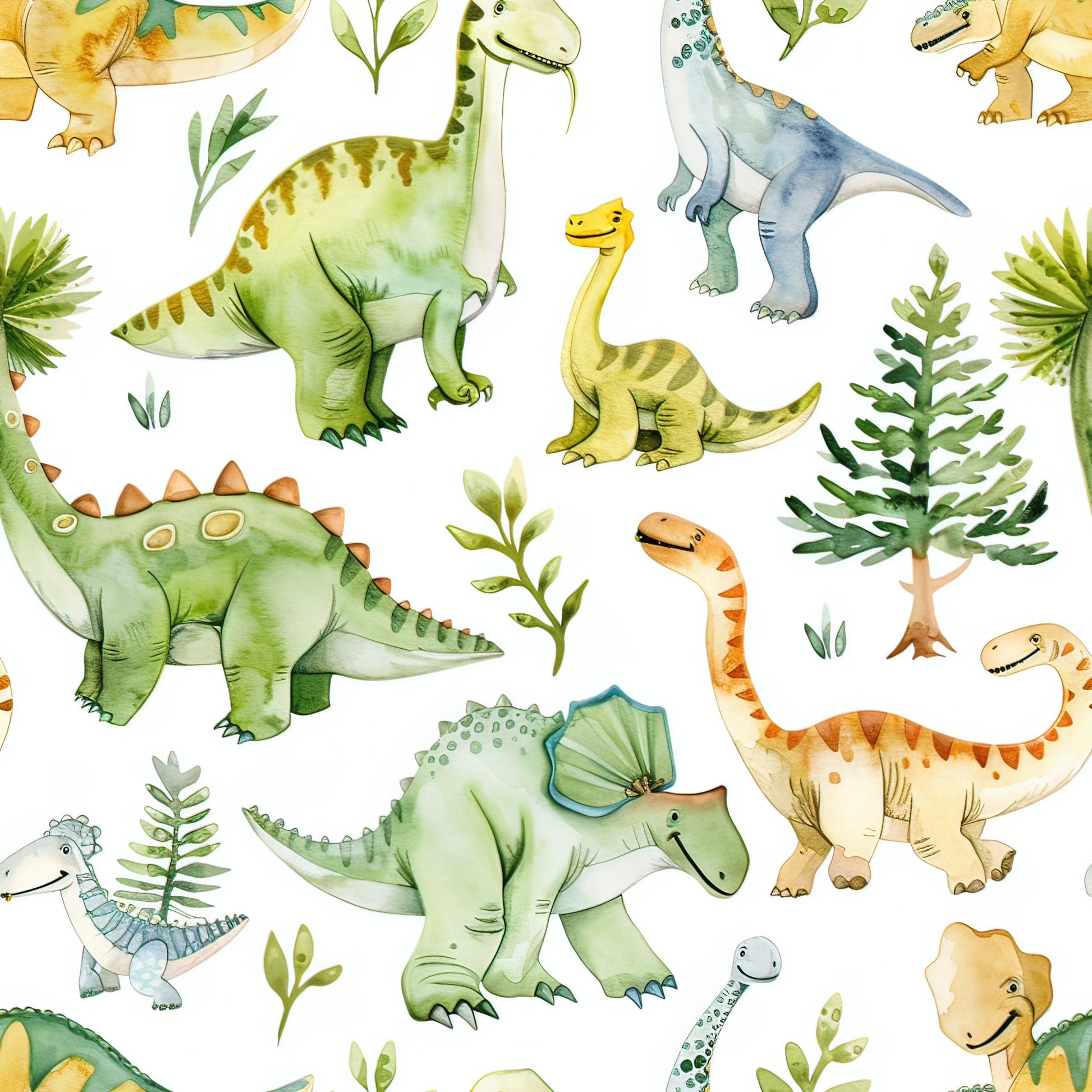 watercolor dinosaurs, green dinosaurs, yellow dinosaurs, orange dinosaurs, blue dinosaurs, prehistoric animals, long neck dinosaurs, spiky dinosaurs, t-rex, stegosaurus, tropical plants, fern leaves, palm fronds, children's fabric, nursery theme, quilting cotton, fabric panel, whimsical illustration, soft pastels, jungle foliage
