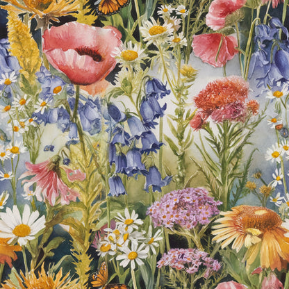 wildflower meadow, botanical illustration, coral poppies, blue bluebells, white daisies, purple asters, orange echinacea, monarch butterflies, watercolor style, garden flowers, quilting cotton, fabric panel, spring blooms, nature pattern, floral design, mixed wildflowers, realistic florals, meadow scene
