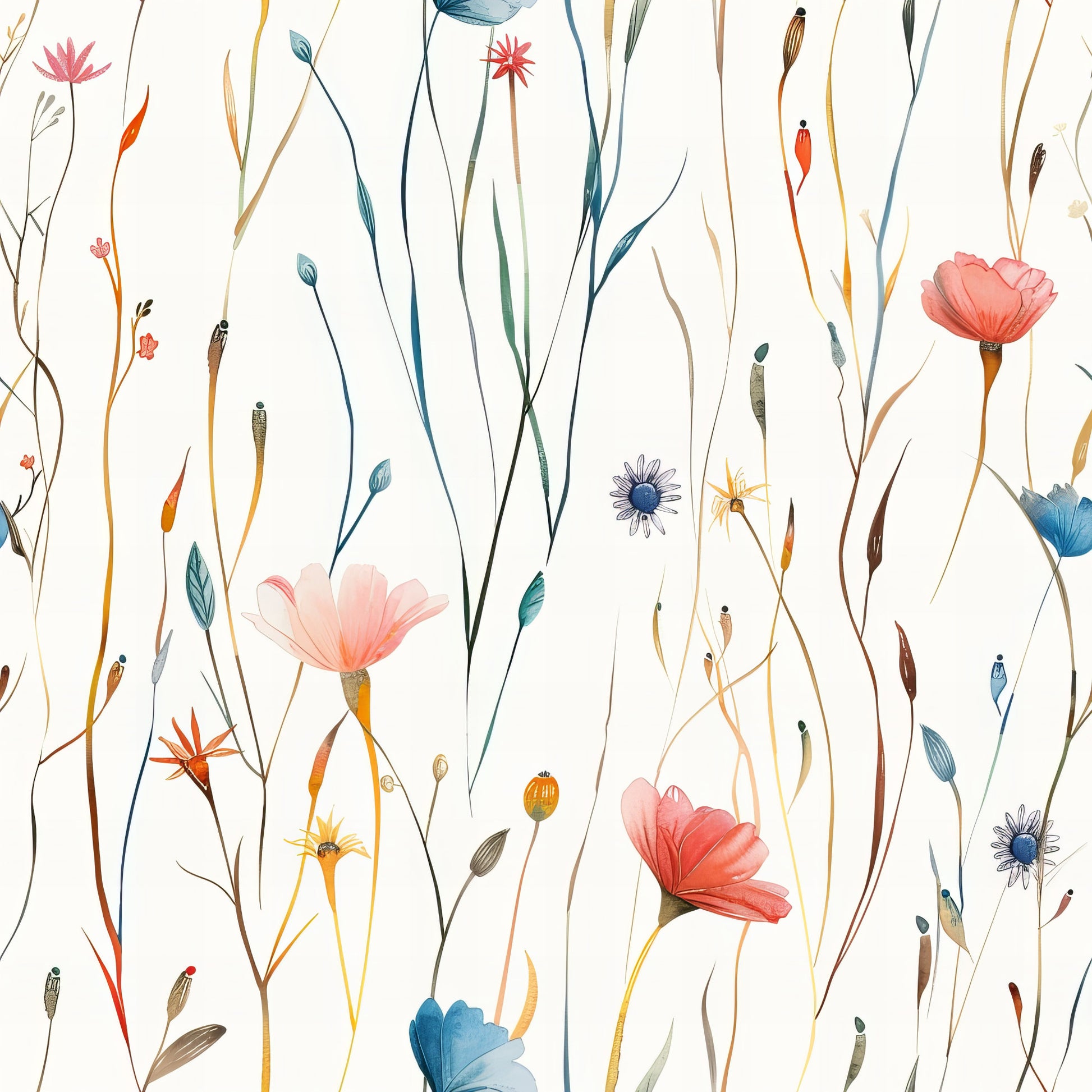 coral pink, teal blue, yellow orange, wildflowers, meadow flowers, botanical pattern, hand drawn illustration, delicate stems, poppy flowers, daisy blooms, grass stems, seed pods, watercolor style, whimsical design, quilting cotton, fabric panel, spring meadow, floral motifs, nature inspired, soft pastels