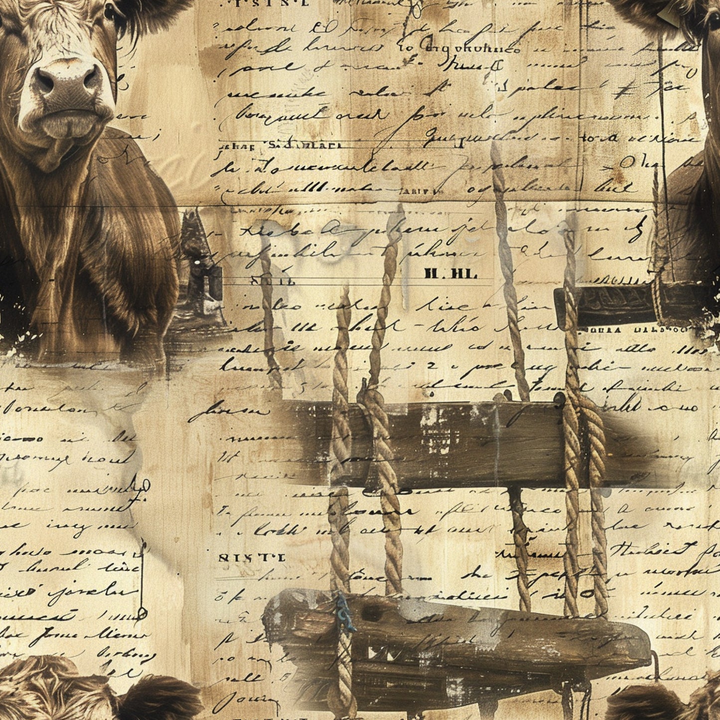 farm animals, cow, vintage style, sepia tones, brown, beige, tan, cream, handwritten text, rope, wooden barrel, rustic, country theme, quilting cotton, fabric panel, aged paper, barnyard, livestock, pastoral scene, antique finish, farming equipment