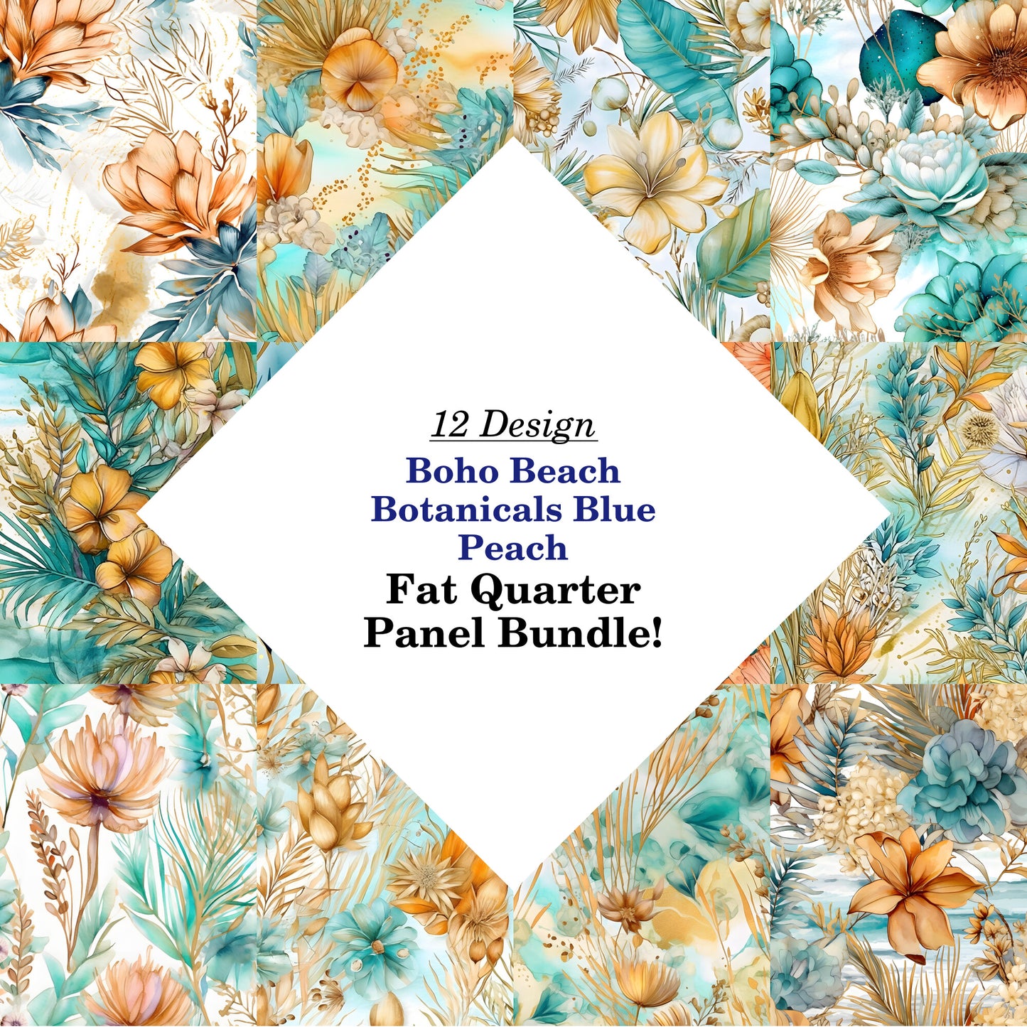 Boho Beach Botanicals Blue Peach Fat Quarter Bundle