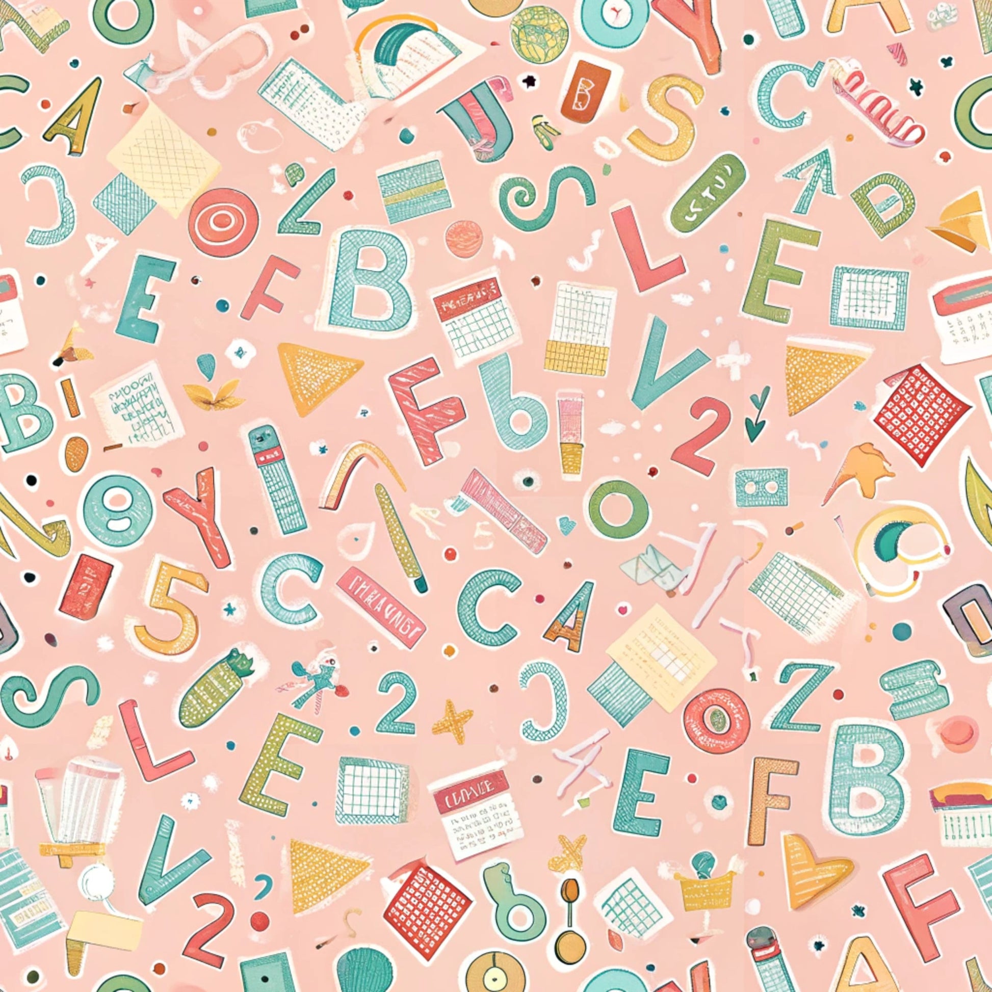 coral pink background, alphabet letters, numbers, school supplies, geometric shapes, calculators, rulers, protractors, grid patterns, textured letters, educational theme, back to school, scattered design, teal accents, yellow highlights, red details, green elements, quilting cotton, fabric panel, learning motifs
