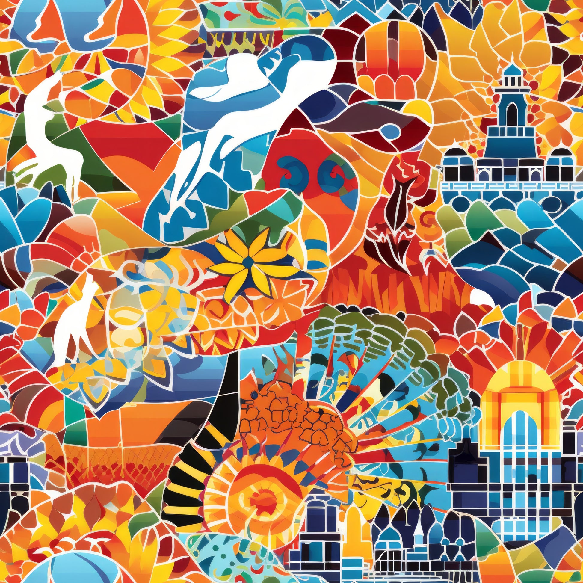 mosaic art, stained glass, vibrant colors, orange, blue, yellow, red, green, geometric patterns, abstract design, kaleidoscope effect, colorful fragments, artistic composition, quilting cotton, fabric panel, bright hues, tessellated shapes, contemporary art, rainbow spectrum, patchwork style