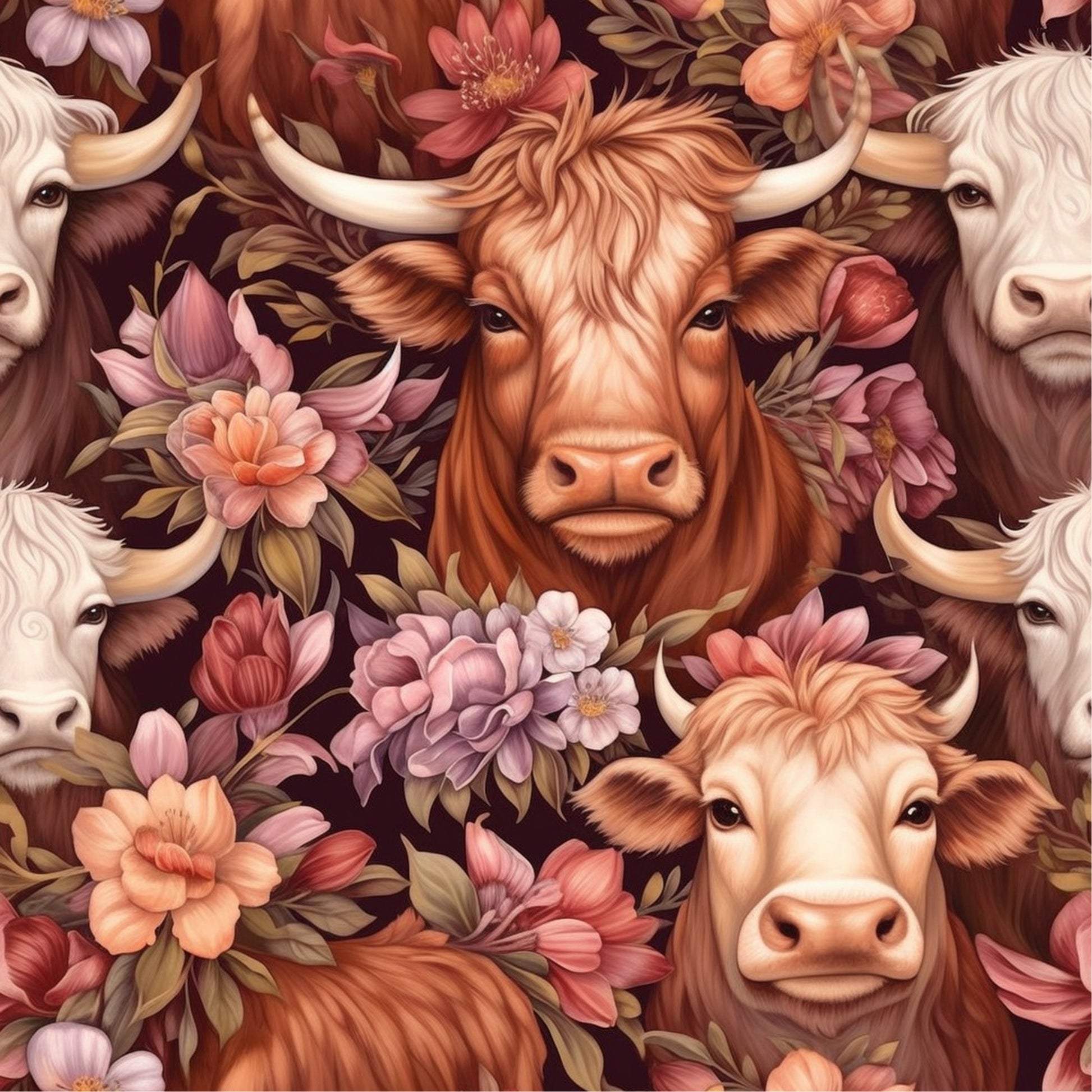 highland cows, cattle faces, floral pattern, pink flowers, coral blooms, purple petals, orange blossoms, botanical design, farm animals, cow portraits, quilting cotton, fabric panel, pastoral theme, country style, warm tones, detailed illustration, repeating pattern, horned cattle, rustic charm, nature motifs