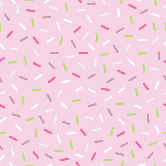 pink background, rainbow sprinkles, colorful sprinkles, green sprinkles, white sprinkles, purple sprinkles, magenta sprinkles, scattered pattern, candy sprinkles, dessert theme, sweet treats, bakery pattern, fun design, playful mood, quilting cotton, fabric panel, birthday theme, celebration pattern, confetti style, whimsical design