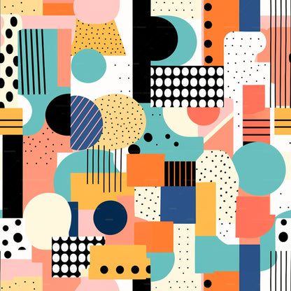 retro geometric, coral pink, turquoise blue, mustard yellow, navy blue, black and white, polka dots, stripes, abstract shapes, circles, rectangles, mid-century modern, groovy pattern, boho style, hippie aesthetic, quilting cotton, fabric panel, contemporary design, colorful patchwork, mod geometric