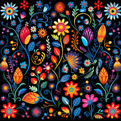 mexican floral, vibrant flowers, black background, red blooms, blue petals, yellow centers, orange leaves, purple florals, pink blossoms, decorative swirls, folk art style, botanical motifs, colorful paisley, festive pattern, quilting cotton, fabric panel, bright colors, whimsical design, floral fiesta, cheerful mood