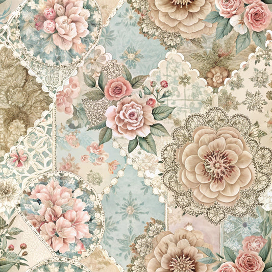 dusty rose, sage green, cream, beige, floral motifs, roses, peonies, vintage lace, doilies, patchwork squares, botanical leaves, layered flowers, soft pastels, romantic style, quilting cotton, fabric panel, spring theme, shabby chic, delicate patterns, ornate frames