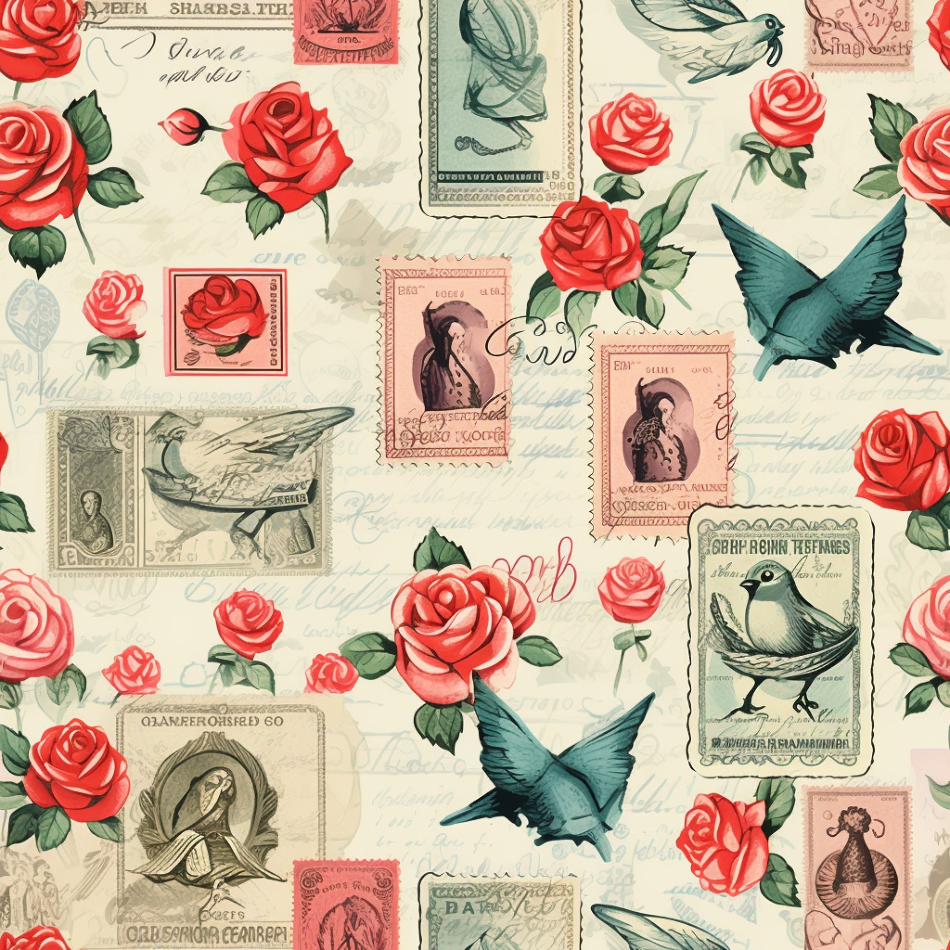 vintage stamps, red roses, coral pink, teal blue, cream background, swallows, birds, floral motifs, postal theme, romantic imagery, quilting cotton, fabric panel, nostalgic pattern, postage stamps, flying birds, rose blooms, green leaves, antique style, love theme, cotton fabric