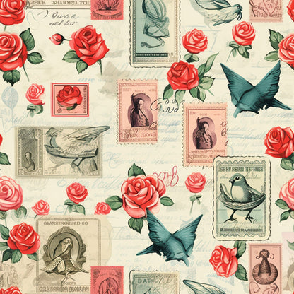 vintage stamps, red roses, coral pink, teal blue, cream background, swallows, birds, floral motifs, postal theme, romantic imagery, quilting cotton, fabric panel, nostalgic pattern, postage stamps, flying birds, rose blooms, green leaves, antique style, love theme, cotton fabric