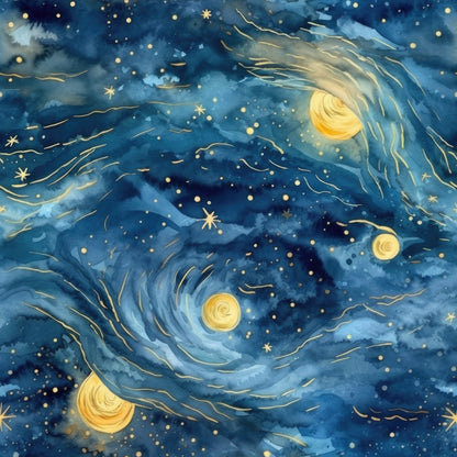 navy blue, golden yellow, swirling patterns, starry sky, celestial motif, night scene, astronomical design, deep blue, bright stars, spiral galaxies, cosmic swirls, van gogh inspired, impressionistic style, dreamy atmosphere, quilting cotton, fabric panel, celestial bodies, flowing movement, luminous accents, mystical mood