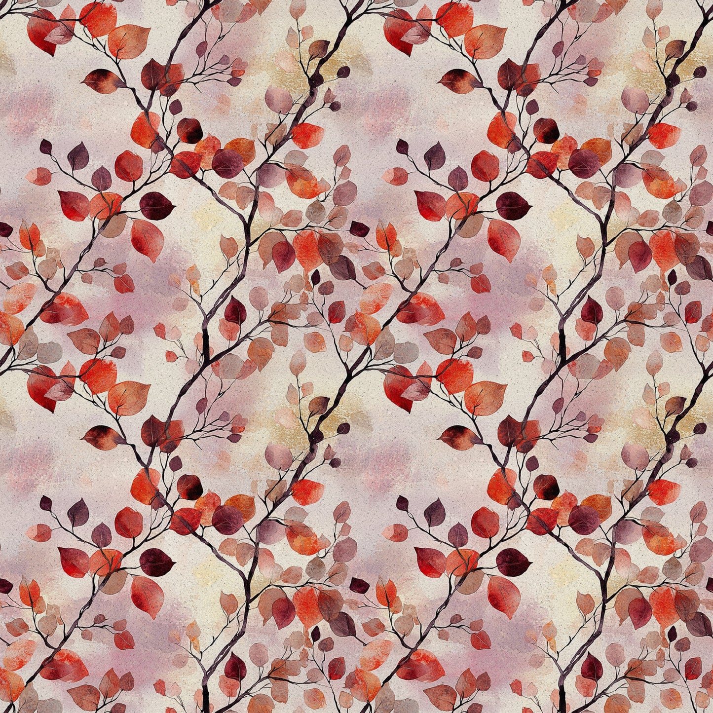 red, orange, burgundy, coral, autumn leaves, watercolor style, botanical pattern, branch motif, fall foliage, quilting cotton, fabric panel, seasonal design, warm tones, nature inspired, repeating pattern, artistic watercolor, autumn theme, leaf branches, organic shapes, textile design