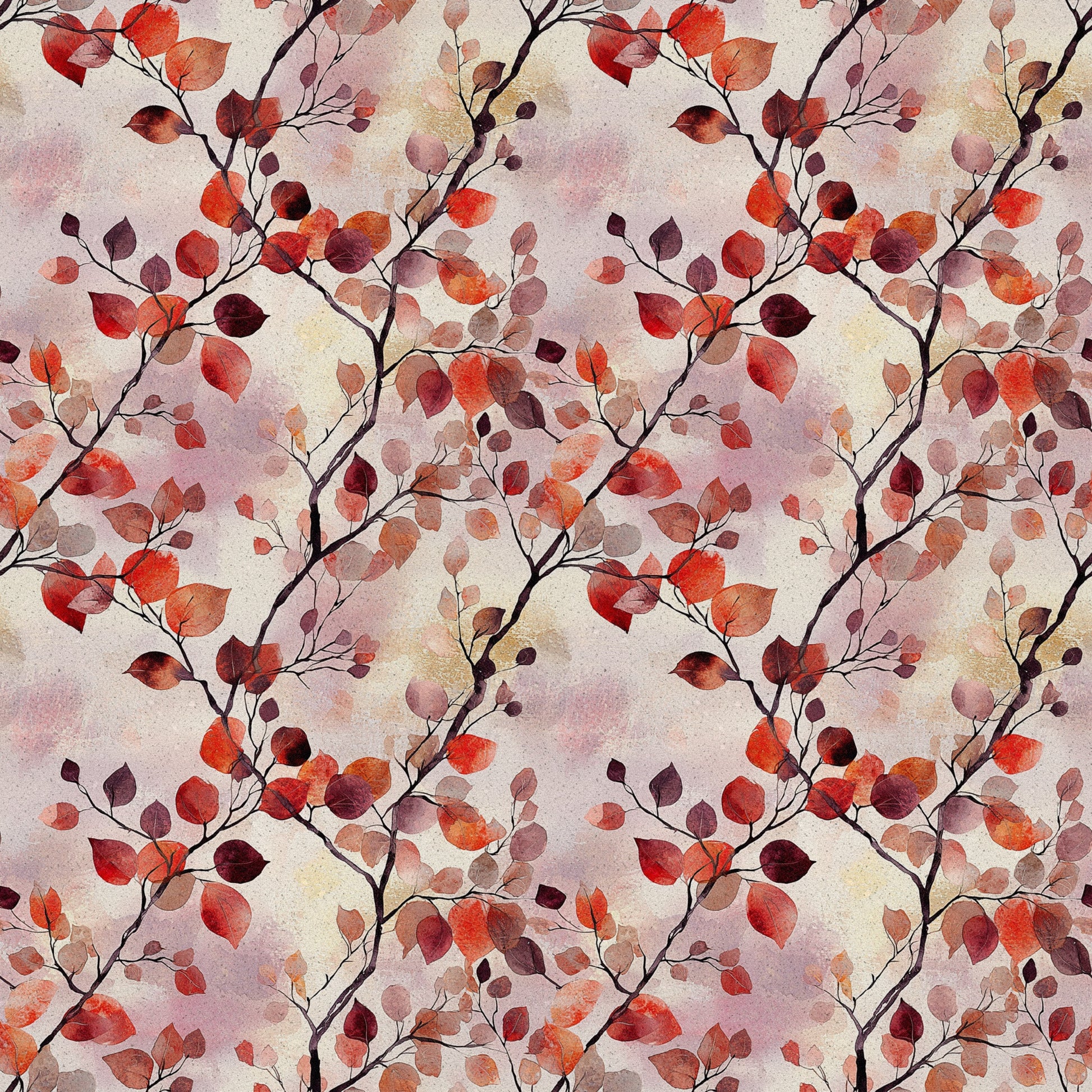 red, orange, burgundy, coral, autumn leaves, watercolor style, botanical pattern, branch motif, fall foliage, quilting cotton, fabric panel, seasonal design, warm tones, nature inspired, repeating pattern, artistic watercolor, autumn theme, leaf branches, organic shapes, textile design