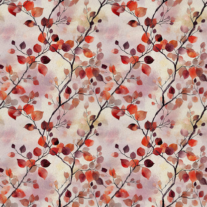 red, orange, burgundy, coral, autumn leaves, watercolor style, botanical pattern, branch motif, fall foliage, quilting cotton, fabric panel, seasonal design, warm tones, nature inspired, repeating pattern, artistic watercolor, autumn theme, leaf branches, organic shapes, textile design