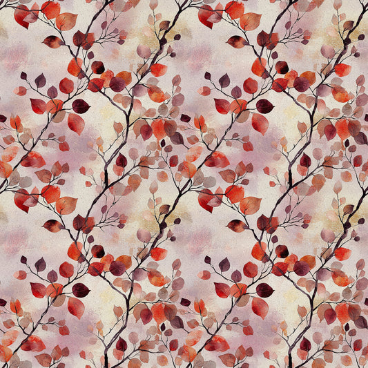 red, orange, burgundy, coral, autumn leaves, watercolor style, botanical pattern, branch motif, fall foliage, quilting cotton, fabric panel, seasonal design, warm tones, nature inspired, repeating pattern, artistic watercolor, autumn theme, leaf branches, organic shapes, textile design
